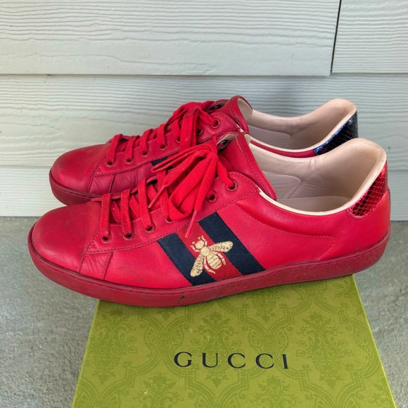 Gucci Ace Red Leather with Gold Insect Embroidery Sneakers for Men 🔥 - Picture 2 of 9
